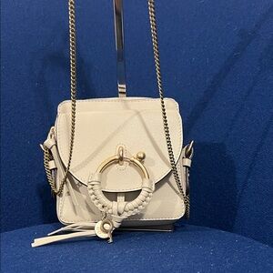 See By Chloe Cream Leather Crossbody with Braided Ring and Gold Chain